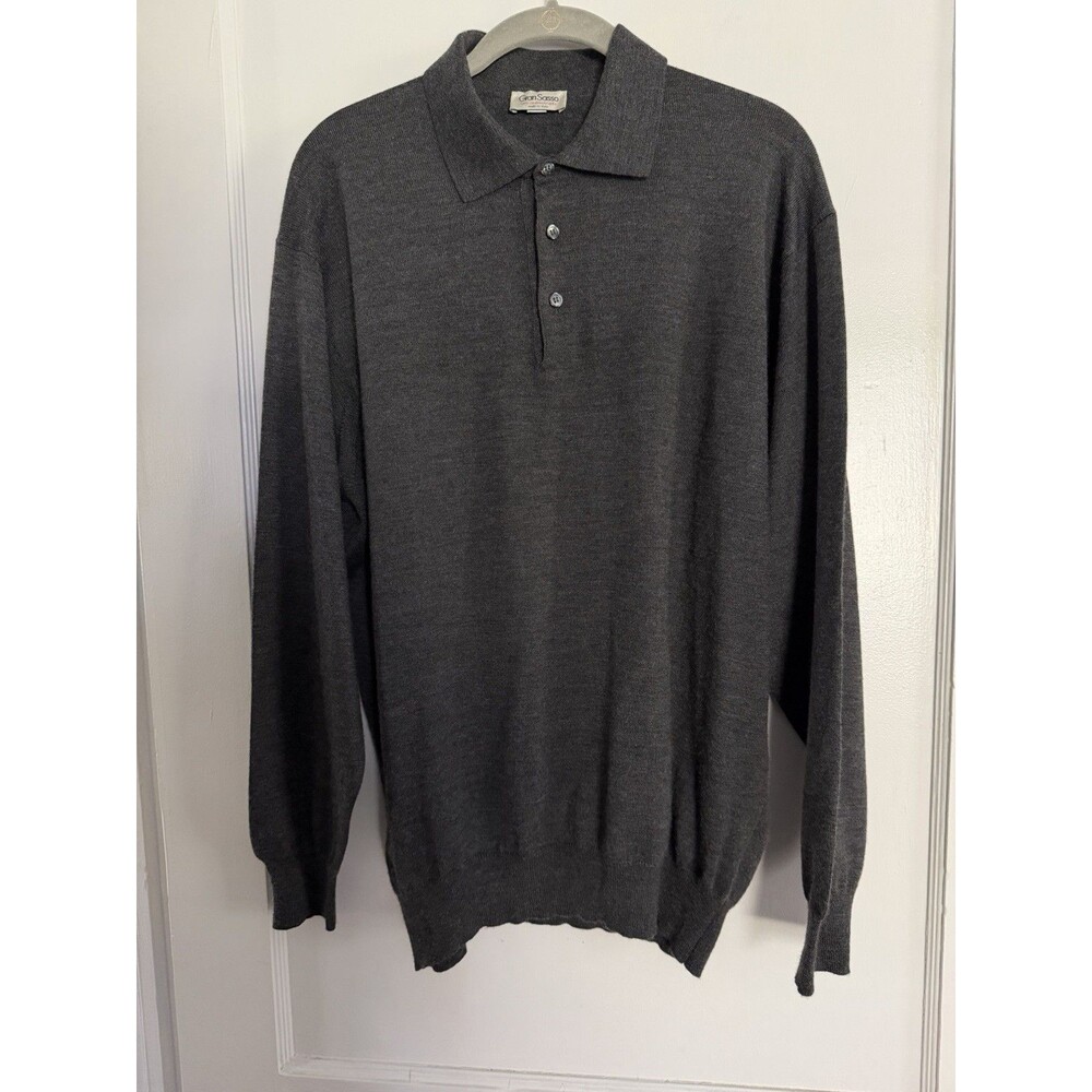 Gran Sasso Italy Wool Silk Cashmere Knit Polo Sweater Men's L Gray Luxury